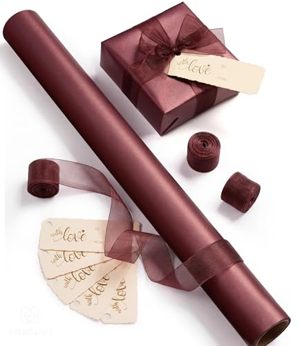 Vitalizart Burgundy Wrapping Paper 43 cm x 5 m Pearlescent Gift Wrapping Paper Roll & Organza Ribbons & Gift Tags Set for Valentines Wedding Brithday Christmas Baby Shower