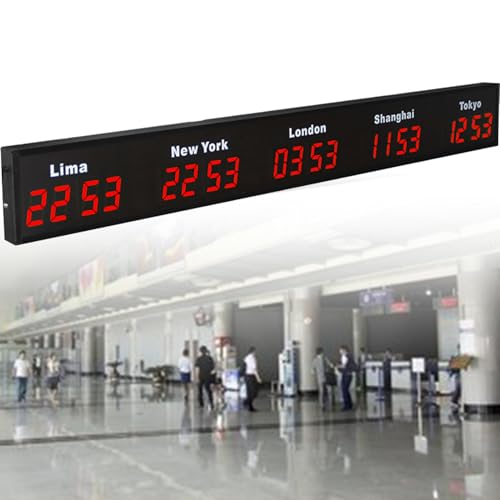 Orologio Mondiale Digitale a LED, Orologio da Parete con 3/4/5 Fusi Orari, Orologio da Parete con Fusi Orari per Hotel e Multinazionali,Red-5City