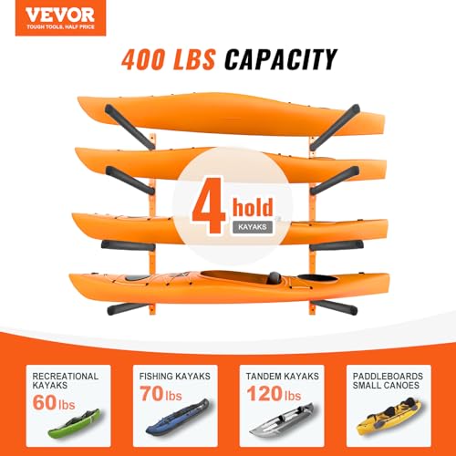 VEVOR Kayak Storage Rack, 4-Capacity Wall Mounted Steel Kayak Holders for Kayak Canoe Paddle Board, Kayak Storage Hooks with Adjustable Padded Arms, 400 LBS Load Kayak Hanger for Indoor Outdoor Garage by VEVOR - Image 2