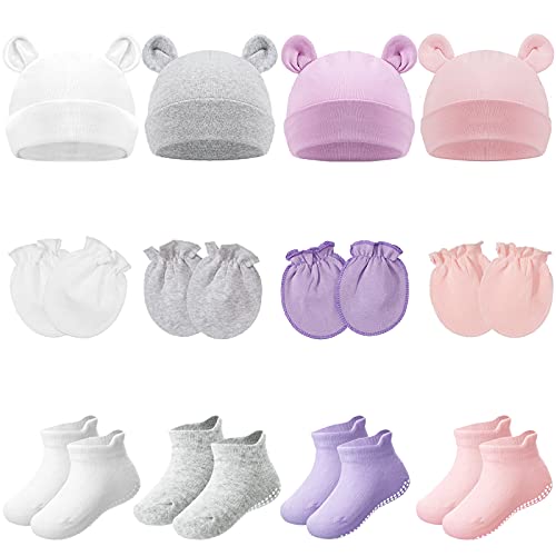Image of 4 Sets Newborn Baby Hat and Mittens Toddler Beanie Cap Non Slip Socks for 0-6 Months
