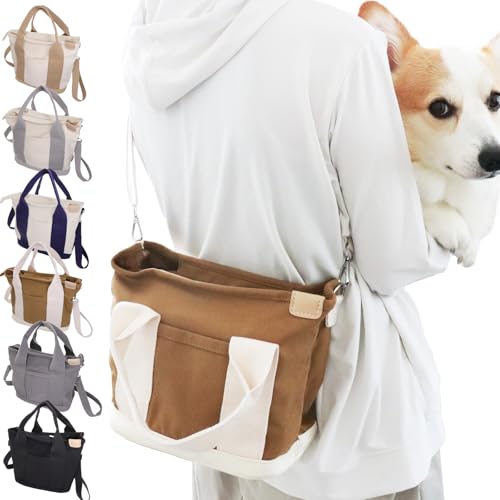 Lil&Fam 犬 お散歩バッグ 2way ショルダーバッグ トートバッグ ファスナー付き コンパクト 大容量 キャンバス ペットボトル 仕切り付き 犬用 (ホワイト&ブラウン)