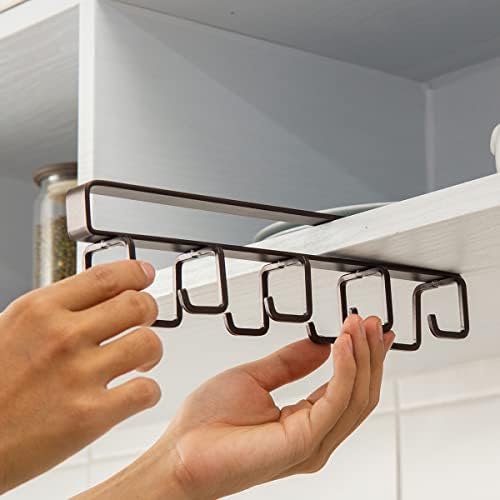 ORZ Mug Holder for Kitchen Under Cupboard Shelf Nail-Free Utensil Cups Holder with 12 Hooks Cupboard Cabinet Organiser for Mugs Teacups(Bronze)