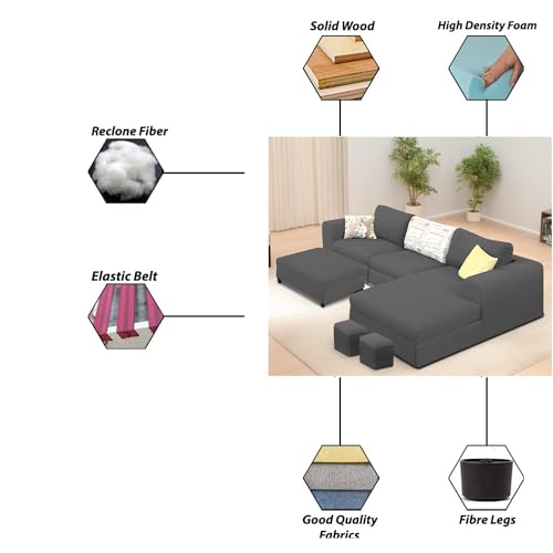 Image of Koza RHS 4 Seater L Shape Sofa Set with Center Table for Living Room (Black Fabric) Premium Fabric Sofa