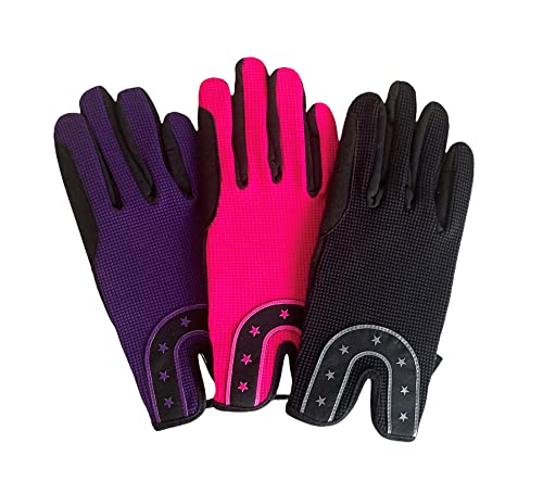 mustang eq Ladies All Sports Outdoor Equestrian Gloves Horseshoe Design in Pink, Black & Purple (Large, Pink)