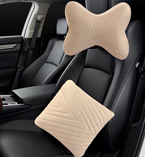 Image of Auto Hub Memory Foam Backrest Support Cushion and Headrest Neck Rest for Car, Office (Pack of 4, Beige)