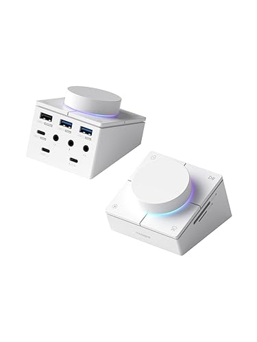 Hagibis Knob USB C Hub with Shortcut Buttons, RGB Type-C Docking Station with 5Gbps USB-C, 2 USB3.0, 3.5mm Jack, SD/Micro SD3.0, USB2.0 for MacBook iPad Pro Laptop (White AG)