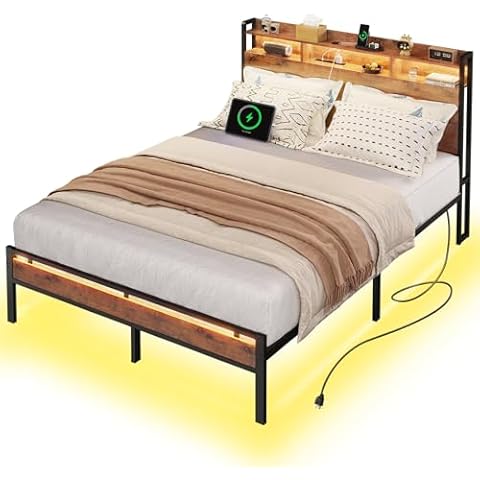 KKL Queen Bed Frame with Charging Station and LED Lights, Headboard with Storage Shelves, Heavy Duty Metal Slats, No Box Spring Need, Easy Assembly, Rustic Brown Cover
