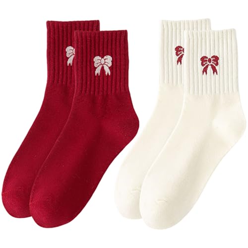 Dcozrr Womens Cute Bow Socks - Novelty Fun Ruffled Socks with Bow Casual Cotton Funny Crew Socks - 1 Milky White + 1 Red