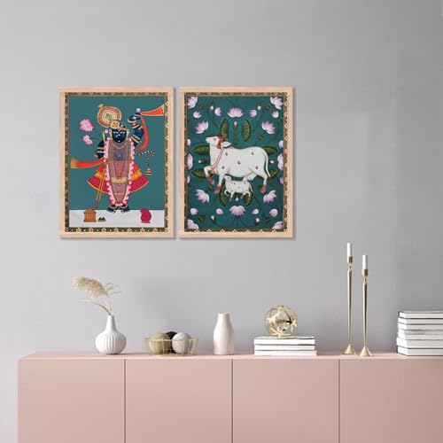Image of kotart Traditional Indian Wall Art Painting Set of 2 | Kamdhenu Cow Design | MDF Wooden Framed Spiritual Wall Decor for Living Room, Pooja Room & Home (Art 8, 20x30 Inch)