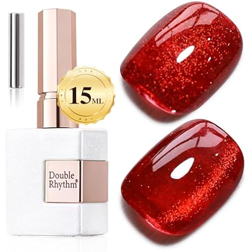 Double Rhythm 15ML Ice Glass Cat Eye Gel Polish with Magnet Holographic Glitter Shimmer Translucent Sheer Color Salon Soak Off Magnetic Nail at Home (Red Glitter-MC1108)