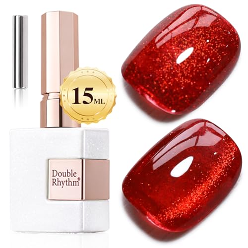 Image of Double Rhythm Jelly Glass Cat Eye Gel Polish with Magnet 15ML Holographic Glitter Shimmer Translucent Sheer Color Magnetic Nail Polish Salon DIY at Home (Blood Red-MC1107)