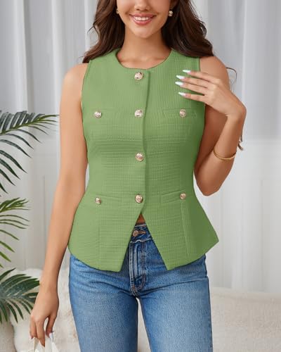 Women's Tweed Blazer Vest Sleeveless Button Front Casual Blazer Jackets Work Office Vest4