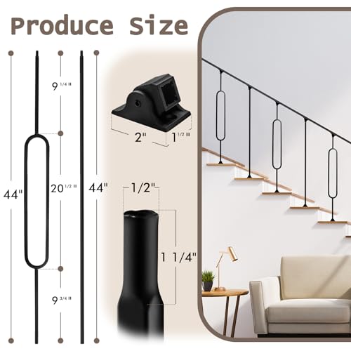 16 Pack Wrought Iron Balusters for Staircase Interior, 1/2" x 44" Hollow Deck Spindles Stair Railing Indoor with 32 Fixed Swivel Shoes, Metal Double Twist Ellipse Decorative Stair - Matte Black by ACNOYEL - Image 2