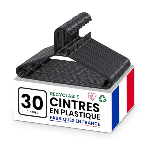 Iris Ohyama, Cintres Plastique, Lot de 30 cintres, Cintre Gain de Place pour vêtements, Noir, sans BPA, Placards, Chemises, Manteaux, Cravates, Robes,...