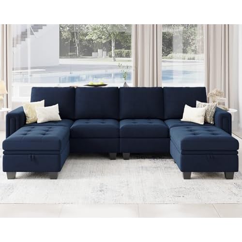 Belffin Velvet U Shaped Sectional Sofa Couch with Storage Ottoman Convertibel Sectional Sofa with Reversible Chaises Blue