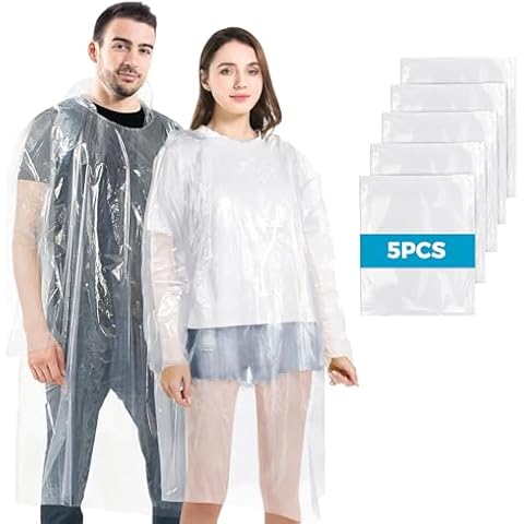 BFONS 5pcs Disopable Rain Ponchos for Adults, Clear Ponchos Adults for Men and Women with Hood, Waterproof Rain Ponchos Raincoat, Rain Jackets for School, Camping, Hiking, Travelling, Sporting Events Cover
