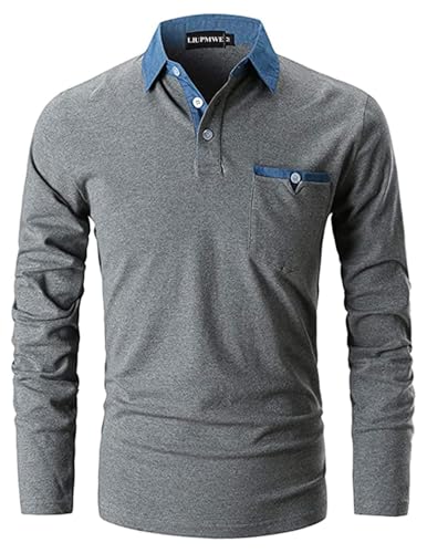 LIUPMWE Men's Shirt Long Sleeve Polo Shirt for Men Basic Slim Fit Long Sleeve Polo Men's Shirts with Pocket Golf Shirts