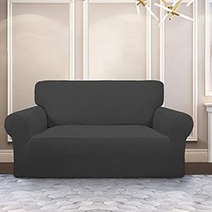 PureFit Stretch Loveseat Sofa Slipcover–Spandex Jacquard Non Slip Soft Couch Sofa Cover Washable Furniture Protector with Non Skid Foam and Elastic Bottom for Kids Loveseat Dark Gray