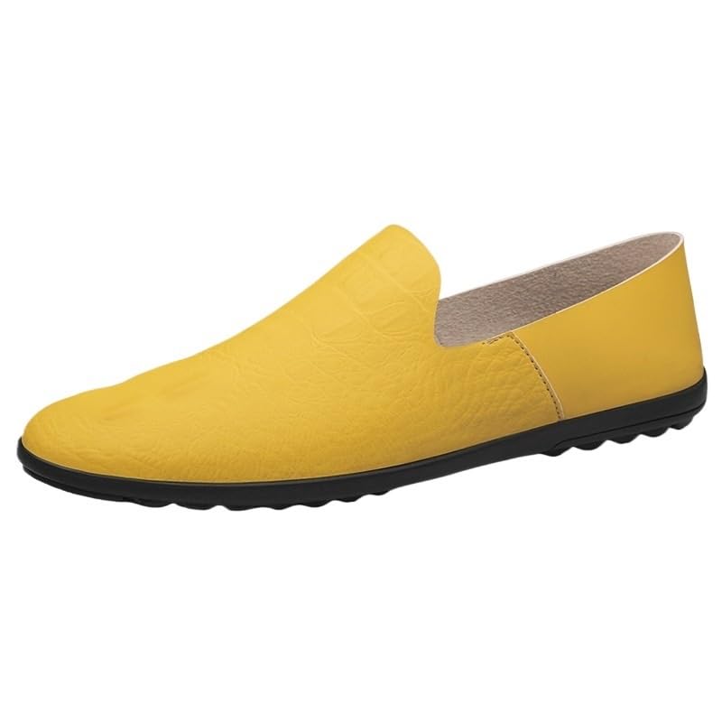 Mens Single Layer Leather Loafers Pointed Toe Yellow Formal Handmade Flats Casual Walking Shoes