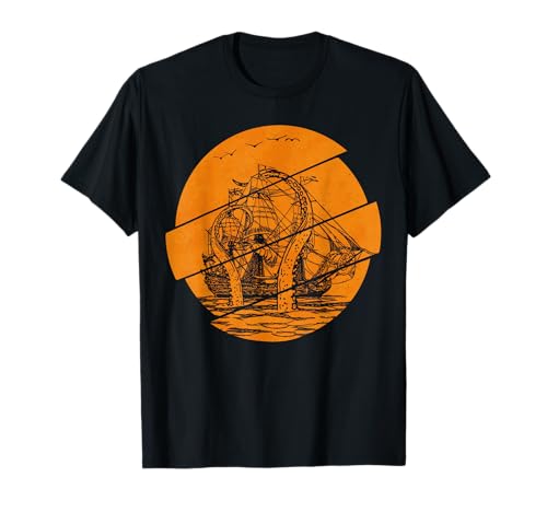 Vintage Kraken Pirate Ship Giant Octopus Ocean Sea Monster T-Shirt