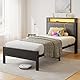 FOUBAM Bett 90x200,Bettgestell mit Ladestation, Robustes Metallbett mit Holz Stauraum-Kopfteil aus Stoff,Gästebett Jugendbett Einzelbett Bettrahmen,Metall mit Lattenrost, Schwarz