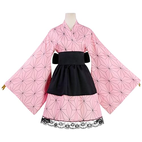 Satdflie japonés Anime Demon Slayer Cosplay Disfraz Kimono Trajes Uniforme Conjunto para Mujeres Niñas Vestido de criada de fiesta de Halloween, Kamado Nezuko, M