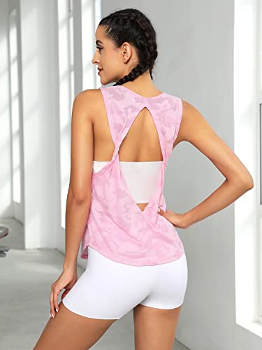Sweatyrocks Women's Workout Yoga Tops Sheer Mesh Gym Exercise Shirts Flowy Tank Top Pale Pink L #TOP1
