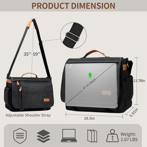 Image of ESTARER Men's Messenger Bag 17.3 Inch Upgraded, Water-resistant Canvas Laptop Bag, Computer Shoulder Bag for College Travel Work, Dark Grey