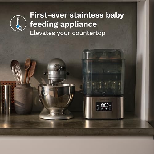 Image of Baby Brezza 10 Minute SuperQuick Bottle Sterilizer + Dryer - Large 8 Bottle Capacity - Steam Sanitization - Universal Fit for All Bottles: Plastic + Glass + Pacifiers + Breast Pump Parts, Stainless