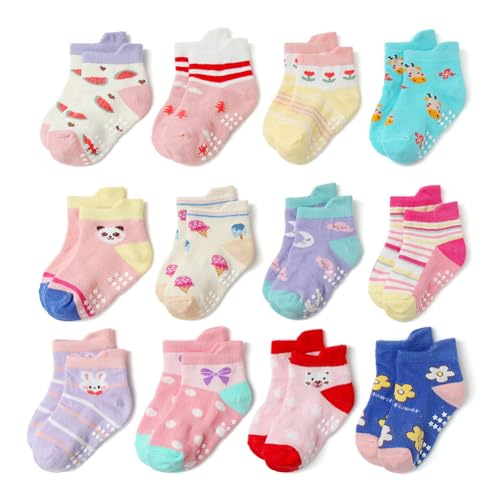 12 Pairs Non Slip Toddler Socks Infant Baby Kids Grip Socks for Boy Girls Anti Skid Ankle Socks for 0-7 Year Children, Style B L3
