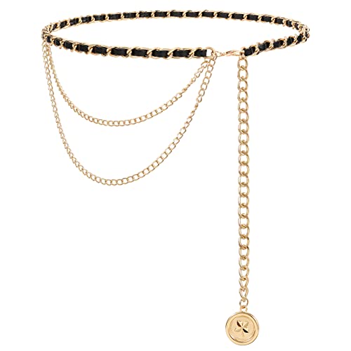 LEACOOLKEY Damen PU-Leder Ketten Taillengürtel, Metallschichten-dünner Kleidergürtel Cinch Mode-goldener Taillengürtel Bauchbund Cover
