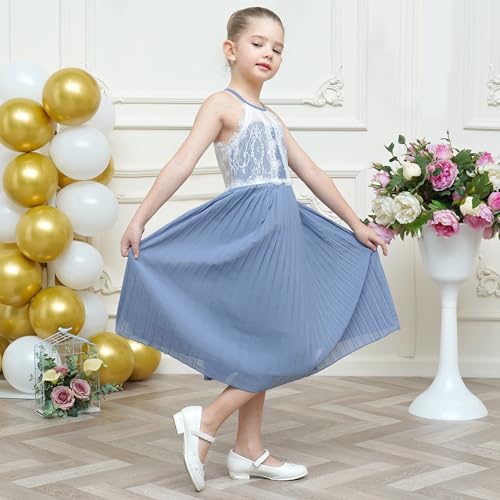 Sunny Fashion Girls Dress Haze Blue Halter Princess Pleated Formal Party Wedding4
