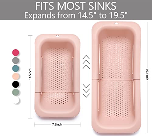 Domonic Home Colander Over The Sink Colander For Kitchen Sink, Over The Sink Strainer Basket Vegetables, Fruits, Pasta, Collapsible Colander 14.5"-19.5",Pink Colander Dishwasher Safe #TOP1