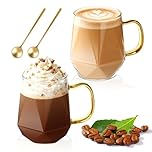 LOOFORE Glass Coffee Mugs 350ml Set of 2, Glass Mugs for Hot/Cold Drinks with Handles and Spoon, Borosilicate Heat Resistant Cups for Cappuccino Latte Macchiato Espresso Tea Milk Juice Beer