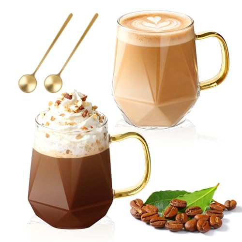 LOOFORE Glass Coffee Mugs 350ml Set of 2, Glass Mugs for Hot/Cold Drinks with Handles and Spoon, Borosilicate Heat Resistant Cups for Cappuccino Latte Macchiato Espresso Tea Milk Juice Beer