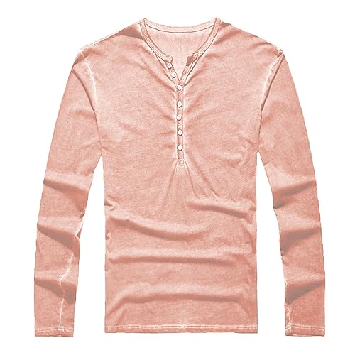 Mens Vintage Distressed Henley Shirts Retro Long Sleeve Tee Tops Casual Button Down Washed T-Shirts (X-Large,Pink)