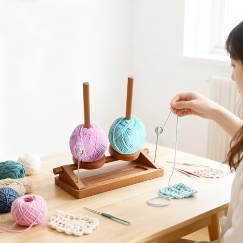Image of Viredelo Yarn Holder for Crocheting and Knitting, Walnut Color | Dual Axis Rotating Mechanism, For Crocheting and Knitting, Yarn Holder, Crochet Gift for Knitting Lovers