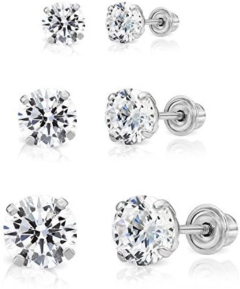 Juego de 3 pares de aretes de circonita cúbica redonda solitario de oro de 14 quilates (0.118 in, 0.157 in, 0.197 in) (oro blanco), Metal, Circonia