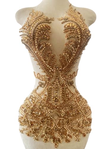 Akiko.CC Handmade Rhinestones Bodice Applique sew on Beads Trim Patches Trim Accessories for Wedding Dress Shiny Decorative lace Patch 14X26.7inches (Champagne)