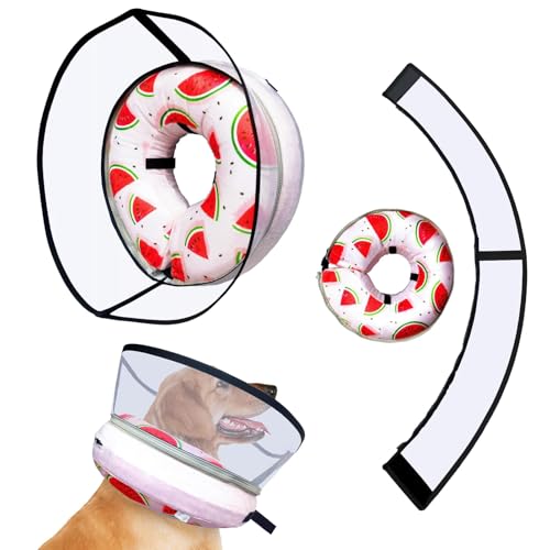 Image of Ovatt PVC inflatable pet collar for small medium and large dogs after surgery ,Washable Dog Cone Collar w /Removable Hard Cone for Dogs After Surgery (Watermelon, L)