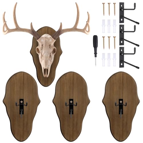 AceOrbit 3 Pcs Deer Skull Mount Plate Plaques Wood European Deer Head Mount Plaque European Mounting Skull Hanger Plate with Mounting Hardware (Brown,14.17 x 7.48 x 0.59 Inches,Elegant)
