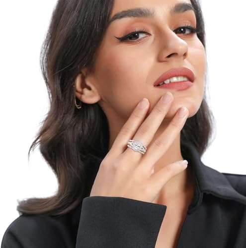 MDFUN 18K White Gold Plated Promise Ring for Women Cubic Zirconia Stackable Ring Set Three-in-One Oval Halo Wedding Engagement Promise Eternity Band2