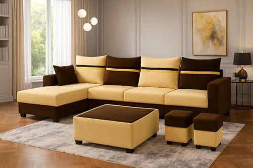 Image of CASASTYLE Wallis 8 Seater Fabric LHS L Shape Sofa Set with 1 Centre Table & 2 Puffy (Cream- Brown) Velvet Finish | Comfortable Sectional Sofa for Living Room