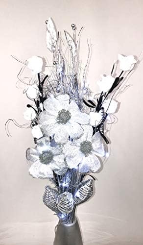 FREE 30 cm etched Wooden Vase and LED lights set with Silver Exotic Floral Arrangement of Organic Handmade Flowers and Indian Dried Grasses. approx 90cm Tall.