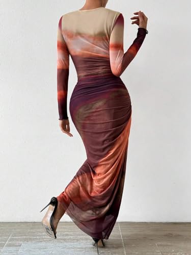 Image of MARZXIN Women Long Sleeve Maxi Dress Bodycon Ruched Formal Slim Fit Tie Dye Dress Formal Mesh Dress