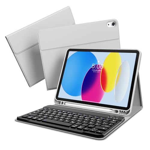 GKABXY Etui z klawiaturą do iPada A16 11 generacji 2025/10 generacji 2022 (11/10,9 cala), elastyczne etui TPU z uchwytem na długopis, układ QWERTZ, magnetyczna zdejmowana klawiatura Bluetooth, szare