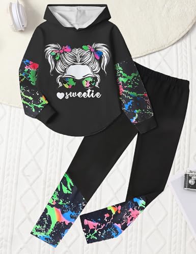 Image of Girls Fall Outfits Sweetie-girl Hoodie and Camo Pants Size 6-16 | Curved Hem Design,Skin-friendly Cotton Blend,for Daily School Playdates,Fall&Winter,Easy On & Off Pullover