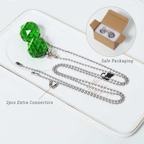 Image of Green 2 Pieces Crystal Ceiling Fan Pull Chain Dazzling Crystal Prism Ball 30mm Pull Chain Extension with Connector for Ceiling Light Fan