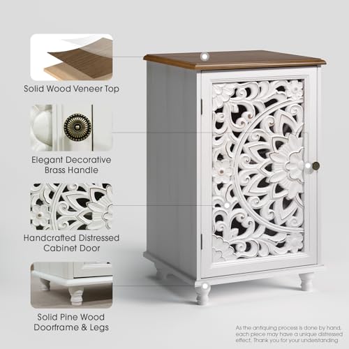 Image of End Table with Storage, 28 inch Tall White Side Table with Carved Door & Adjustable Shelf, Small Accent Cabinet with Solid Wood Legs for Living Room & Bedroom, Distressed Farmhouse Style