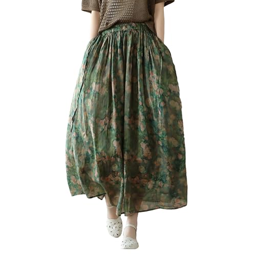 Giltpeak Women Floral Linen Maxi Skirt High Elastic Waist, Summer A-Line Cotton Flowy Long Skirt with Pocket